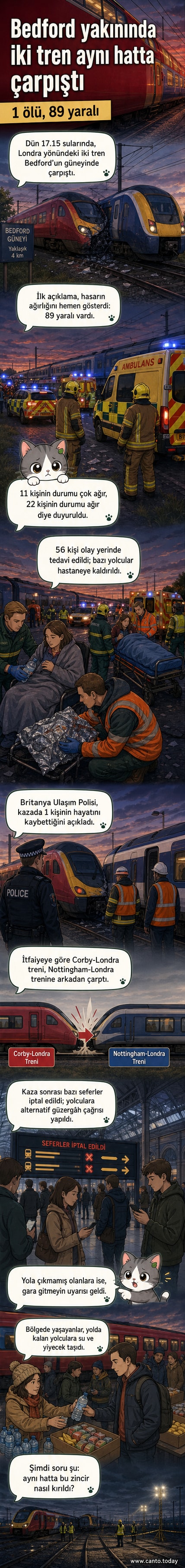 İngiltere'de Bedford yakınlarında meydana gelen tren kazasında hasar gören iki tren raylarda duruyor, etrafta acil servis ekipleri çalışıyor.