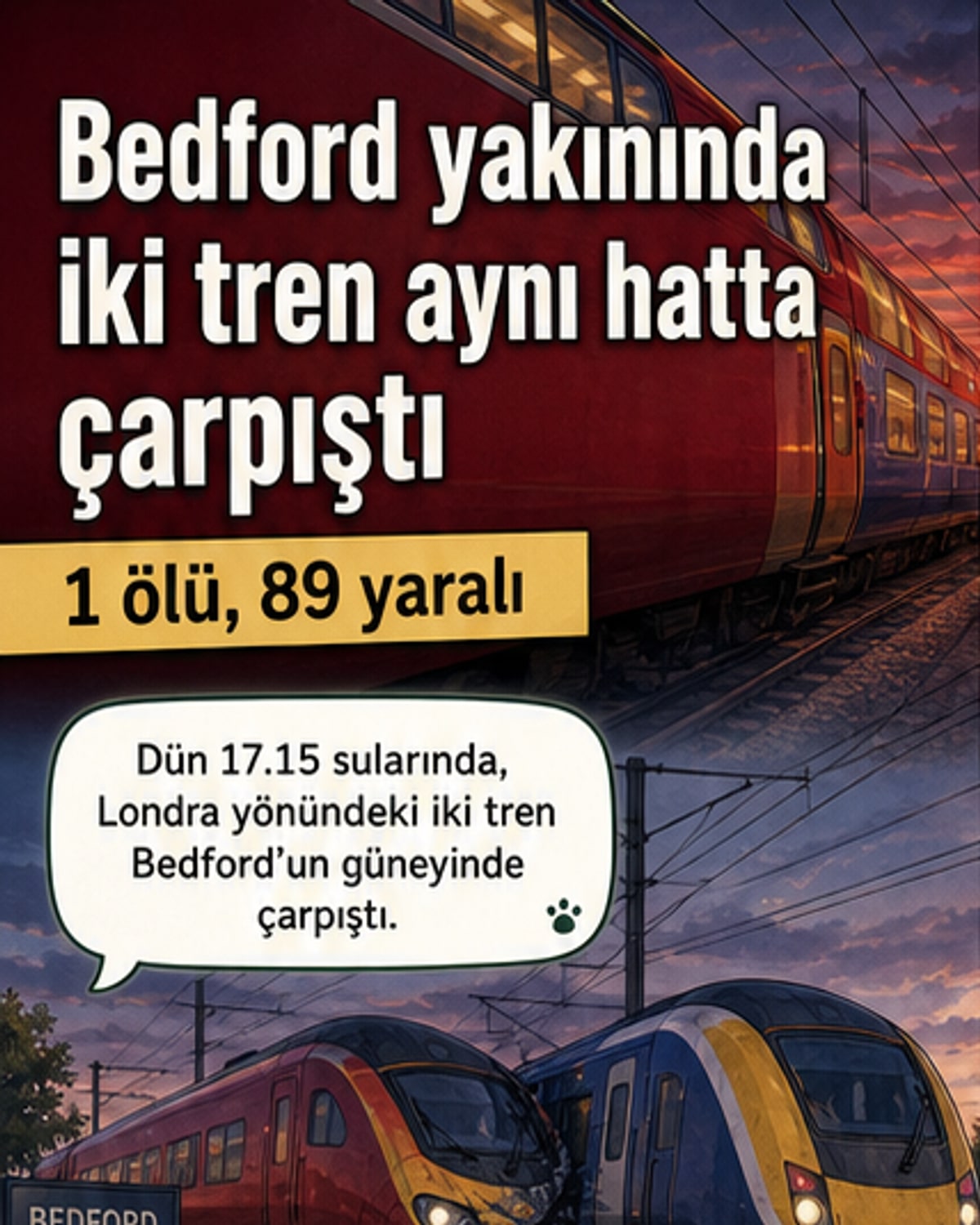 İngiltere'de Bedford yakınlarında meydana gelen tren kazasında hasar gören iki tren raylarda duruyor, etrafta acil servis ekipleri çalışıyor.