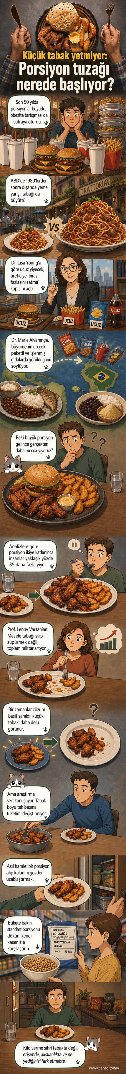Büyük ve küçük tabaklar yan yana, ortada bir makarnalı yemek. Arka planda bir market rafları ve paketli gıdalar.