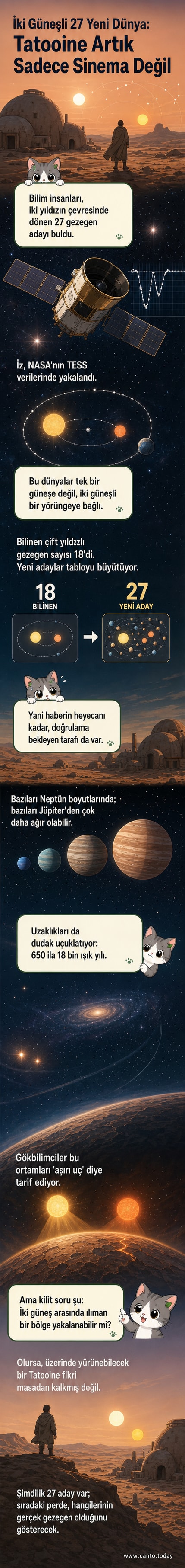 İki yıldızın etrafında dönen bir gezegen adayı, uzayda parlak turuncu ve mavi ışıklarla aydınlatılmış. Arka planda uzak galaksiler ve yıldızlar görünüyor.