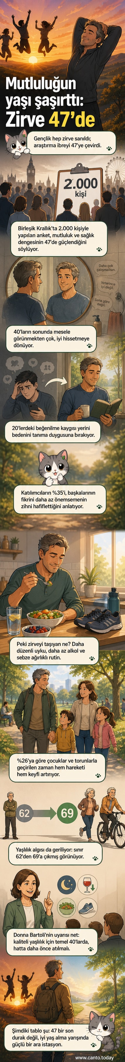 47 yaşında bir kişi, doğa yolu üzerinde gülümsüyerek yürüyor. Arkasında güneş doğuyor, mutluluk ve iç huzur teması işleniyor.