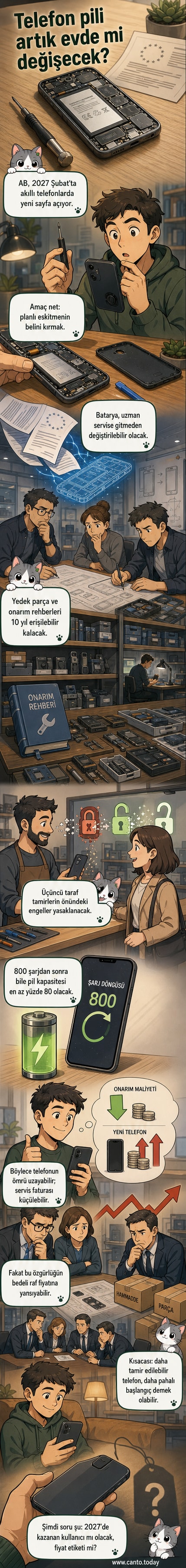Akıllı telefonun bataryasının el aletiyle çıkarıldığı, kullanıcı dostu bir onarım sürecini gösteren çizim.
