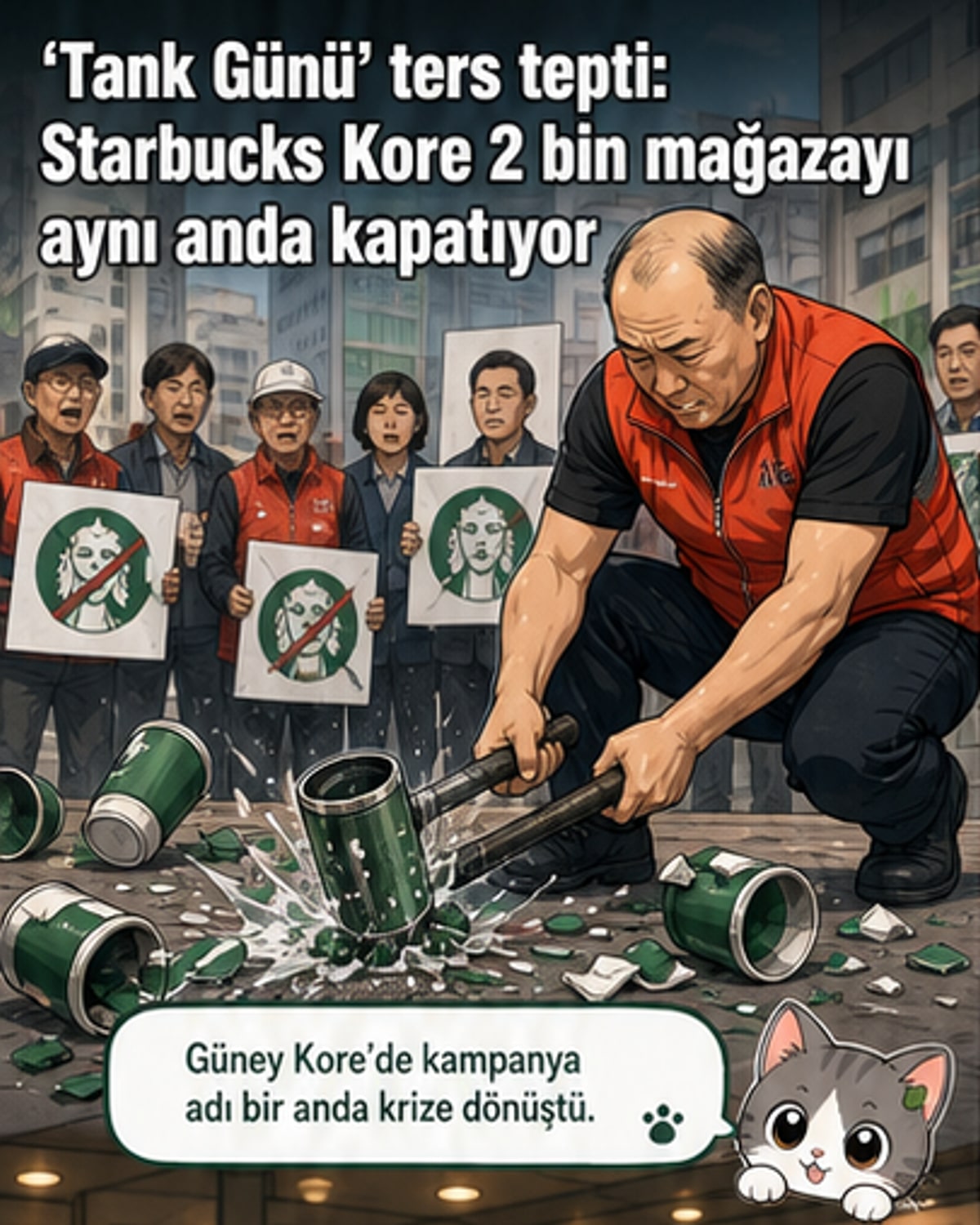Kapalı bir Starbucks mağazasının önünde kırık kahve kupaları ve 'Tarihe saygısızlık' yazılı protesto afişi