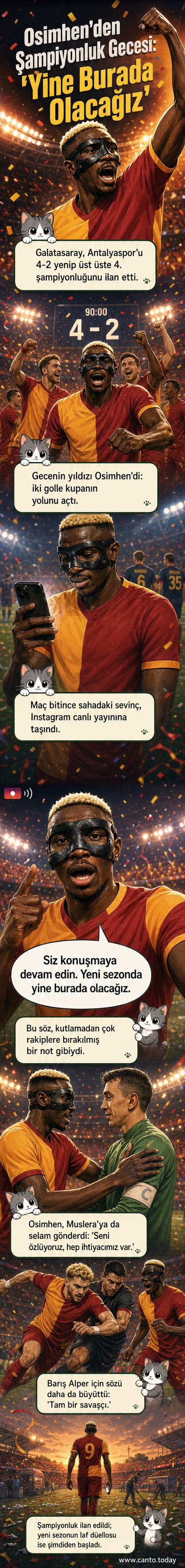 Victor Osimhen, Galatasaray formasıyla şampiyonluk kutlaması yaparken coşku içindeyken çekilen bir fotoğraf. Arkasında taraftarlar ve şampiyonluk pankartları yer alıyor.