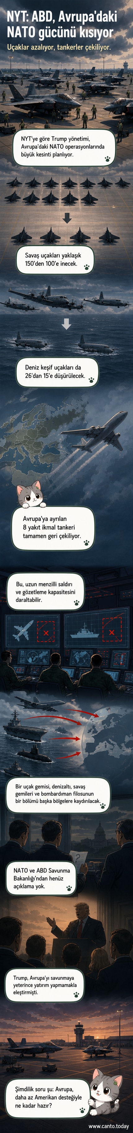 ABD askeri uçaklarının Avrupa'dan geri çekilmesiyle ilgili haberin görsel özeti, harita üzerinde geri çekilme rotaları ve uçak simgeleriyle gösteriliyor.