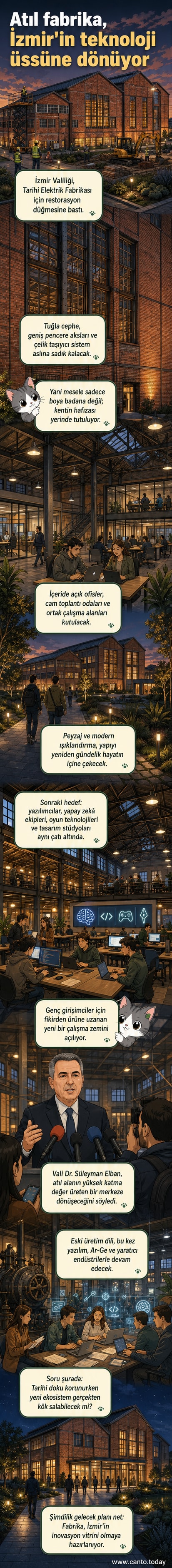 Tarihi tuğla duvarlara sahip, büyük pencere ve çelik yapı detaylarıyla İzmir'in eski elektrik fabrikasının restorasyon sonrası dijital ekosistem merkezi olacak görünümü.