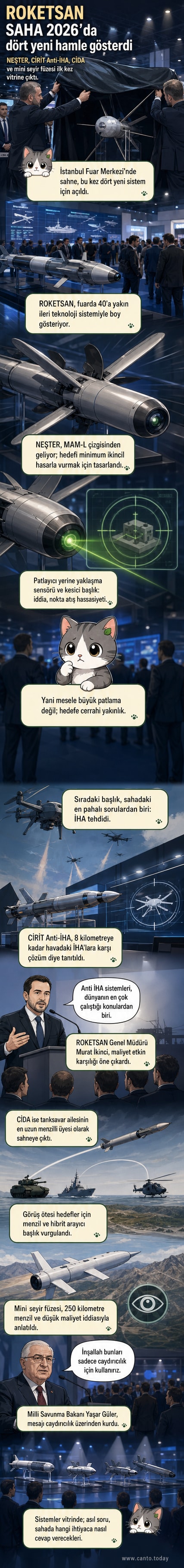 ROKETSAN'ın SAHA 2026 fuarında tanıttığı dört yeni savunma sistemi: NEŞTER, CİRİT Anti-İHA, CİDA ve mini seyir füzesi