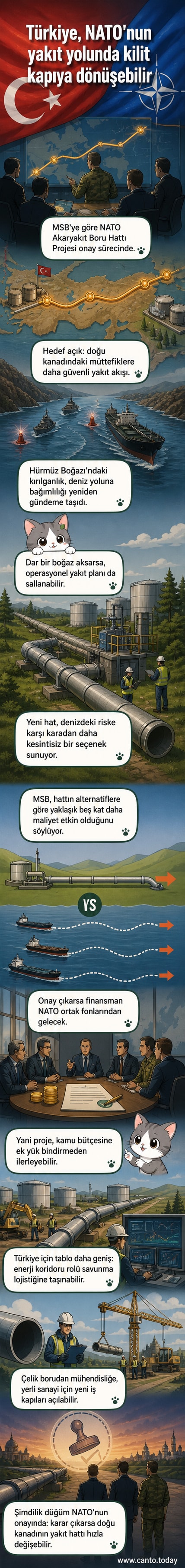 NATO bayrağı altında Türkiye üzerinden uzanan yeni akaryakıt boru hattı şeması gösteren görsel