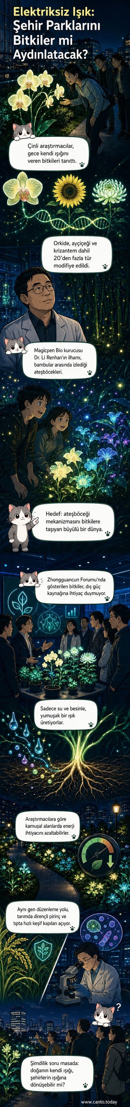 Gen düzenlemeli, gece boyu ışık yayan bir bitki, karanlık bir parkta çevredekileri aydınlatıyor.