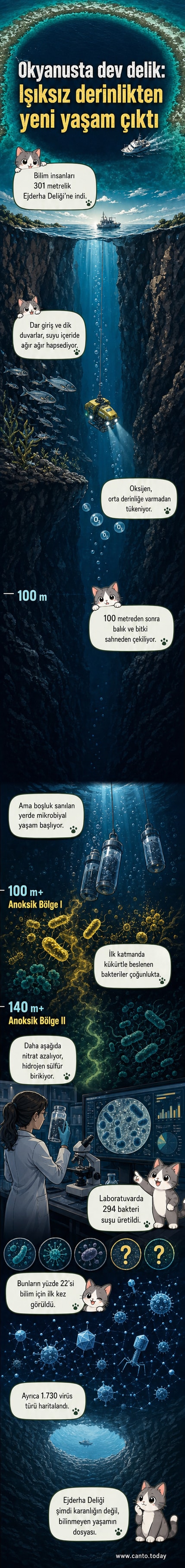 Ejderha Deliği'nin dikey kesitini gösteren bir ilüstrasyon; yüzeyden başlayan oksijenli katman, 100 metreye kadar inerken incelir ve daha derinlerde tamamen oksijensiz, karanlık bir ortamda, mikroplarla dolu bir ekosistem yer alır.