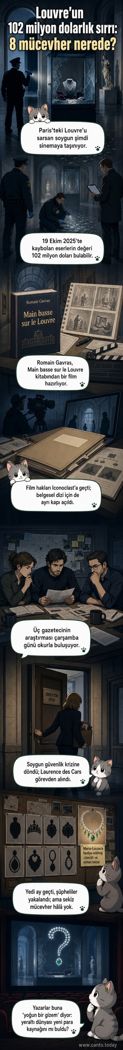 Louvre Müzesi'nde gerçekleşen 102 milyon dolarlık mücevher soygununu anlatan bir webtoon haber, kayıp mücevherlerin gizemini ve bu olayın sinemaya dönüşmesini gösteriyor.
