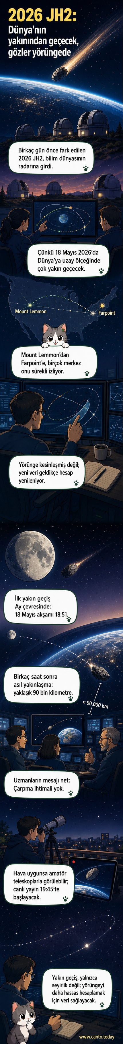 2026 JH2 adlı gök taşının Dünya'ya yakın geçişi sanatçı yorumu: karanlık uzayda ışıklı bir cismin gezegenimize yaklaşırken izlediği yol.