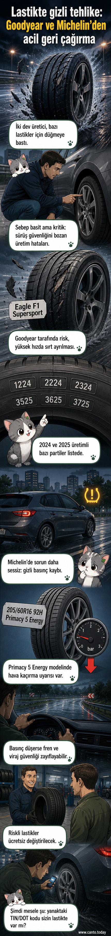 Goodyear ve Michelin logosu ile birlikte yol üzerinde patlamış lastikleri gösteren bir ilustrasyon, geri çağırma kampanyasının önemini vurguluyor.