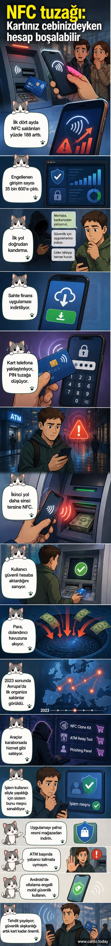 Bir el, akıllı telefonu bir ATM'ye yaklaştırırken, arka planda bir siber saldırganın parayı çaldığını gösteren dijital illüstrasyon