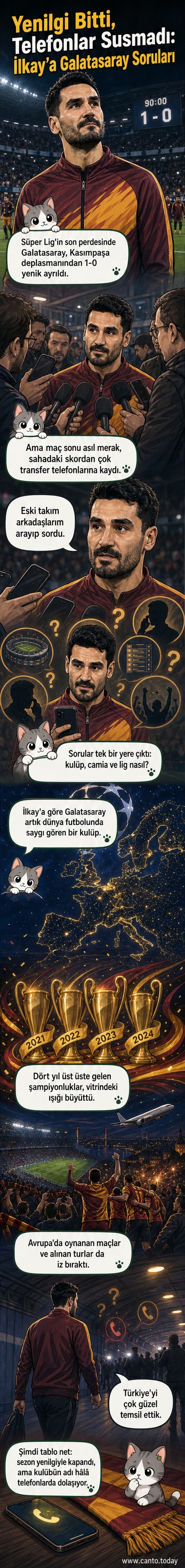 Galatasaray forması giyen İlkay Gündoğan, mikrofon önünde ciddi ifadeyle açıklama yapıyor. Arkada maç sonu sahne var.