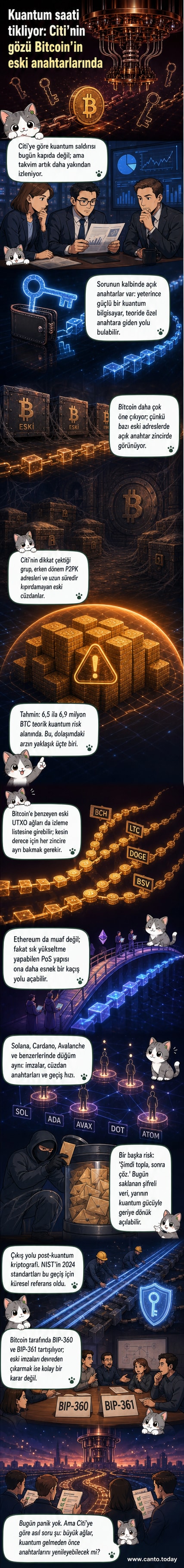 Kuantum bilgisayar simülasyonu önünde duran Bitcoin logosu, dijital kırılganlık temsili