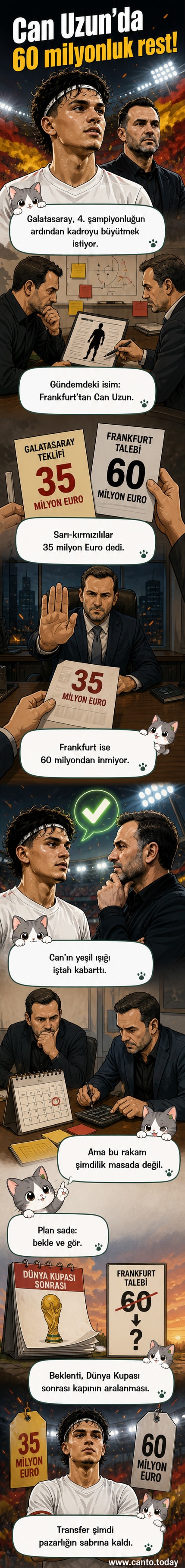 Galatasaray forması ve Eintracht Frankfurt forması arasında duran Can Uzun'un silueti, önünde 35 milyon ve 60 milyon euro yazan iki ayrı teklif kağıdı.