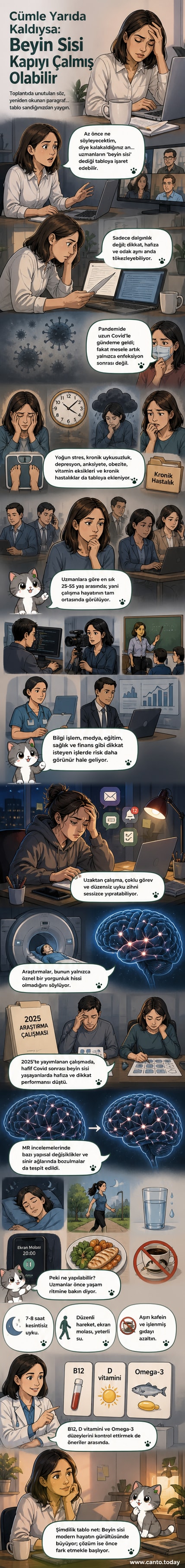 Bir kişinin kafasında sisli bir bulutun içinde kaybolmuş düşünceleri temsil eden illüstrasyon, dikkat dağılımı ve zihinsel yorgunluğu simgeliyor.