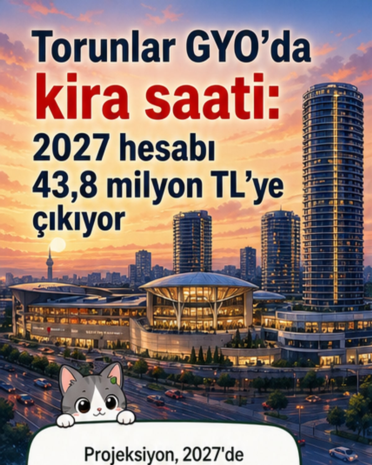 Torunlar GYO'nun 2027 yılı kira geliri projeksiyonunu gösteren görsel. 43,8 milyon TL günlük hedef ve 1,3 milyar TL aylık tahmini vurgulanıyor.