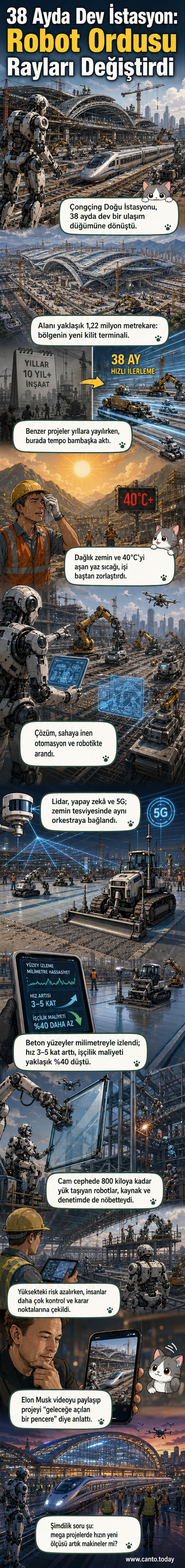 Fütüristik tasarımıyla dikkat çeken, robotlarla inşa edilen Chongqing Doğu Tren İstasyonu'nun dış cephesi ve yüksek teknolojili inşaat ekipmanları görünüyor.