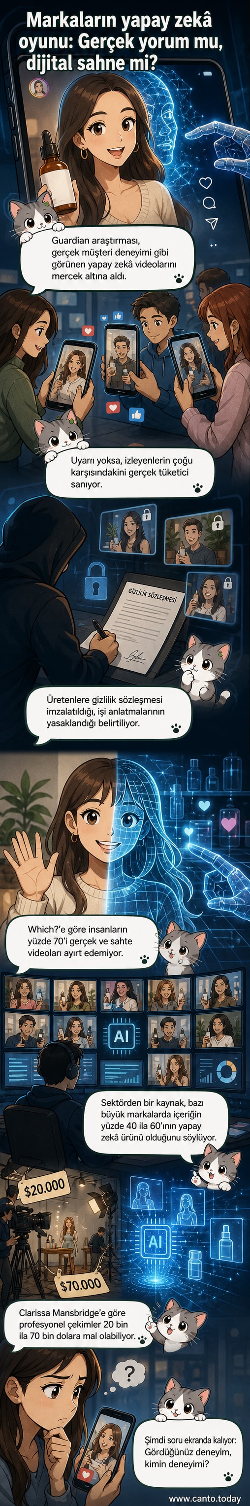 Bir el, telefon ekranında dönen yapay zekâ simgesine dokunuyor; arka planda sahte müşteri videoları izleniyor.