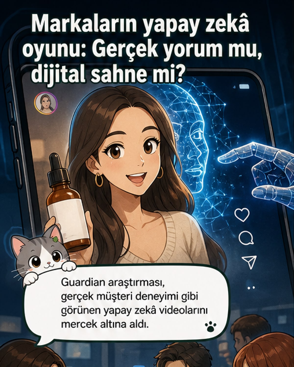 Bir el, telefon ekranında dönen yapay zekâ simgesine dokunuyor; arka planda sahte müşteri videoları izleniyor.