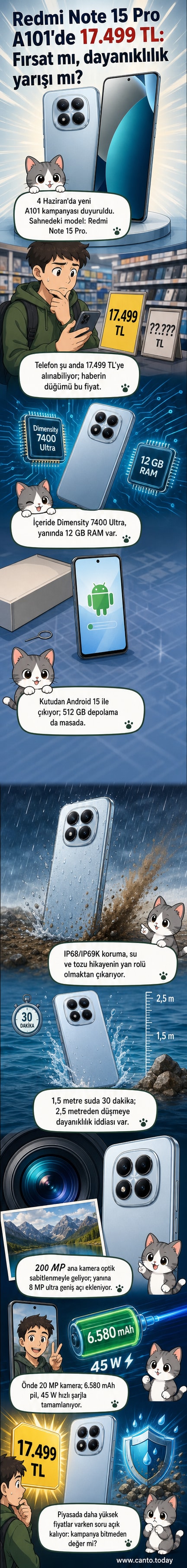 Redmi Note 15 Pro telefonun suya dayanıklı tasarımı ve 200 MP kamerası vurgulanıyor.