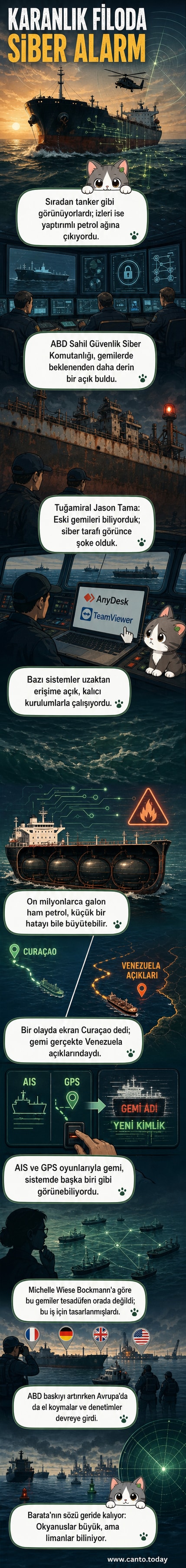 Karanlık bir denizde, loş ışıklarla aydınlatılmış bir petrol tankeri, geminin dijital sistemlerinde siber açıklar olduğu vurgulanıyor.