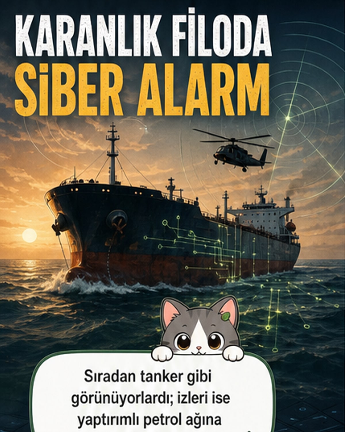 Karanlık bir denizde, loş ışıklarla aydınlatılmış bir petrol tankeri, geminin dijital sistemlerinde siber açıklar olduğu vurgulanıyor.
