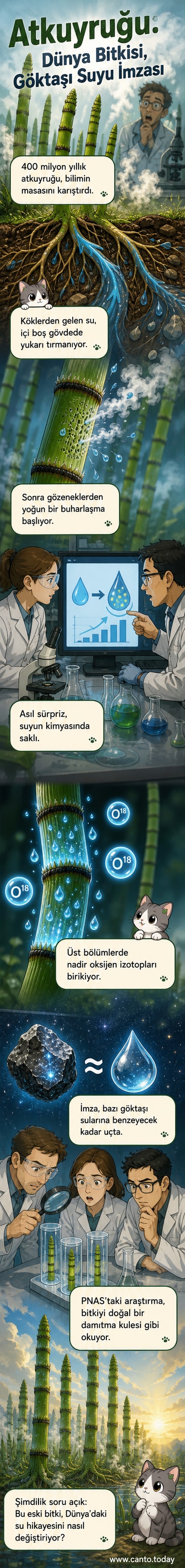 Atkuyruğu bitkisinin gövdesinden buharlaşan suyun oksijen izotoplarını zenginleştirdiği bir bilimsel sahne, arka planda mikroskopik yapılar ve kimyasal formüller görülüyor.