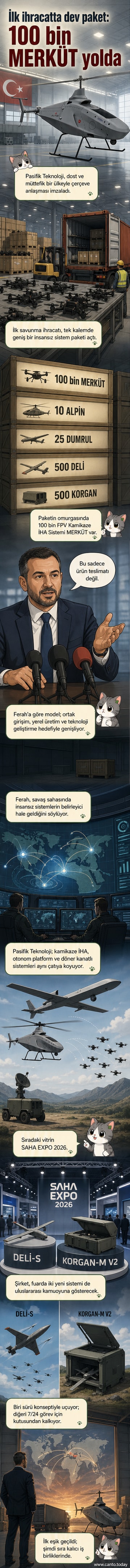 Pasifik Teknoloji'nin ürettiği DELİ-S kamikaze İHA ve KORGAN-M V2 otonom drone sistemleri, bir savunma fuarında sergileniyor. Arka planda Türkiye bayrağı ve teknoloji sembolleri yer alıyor.