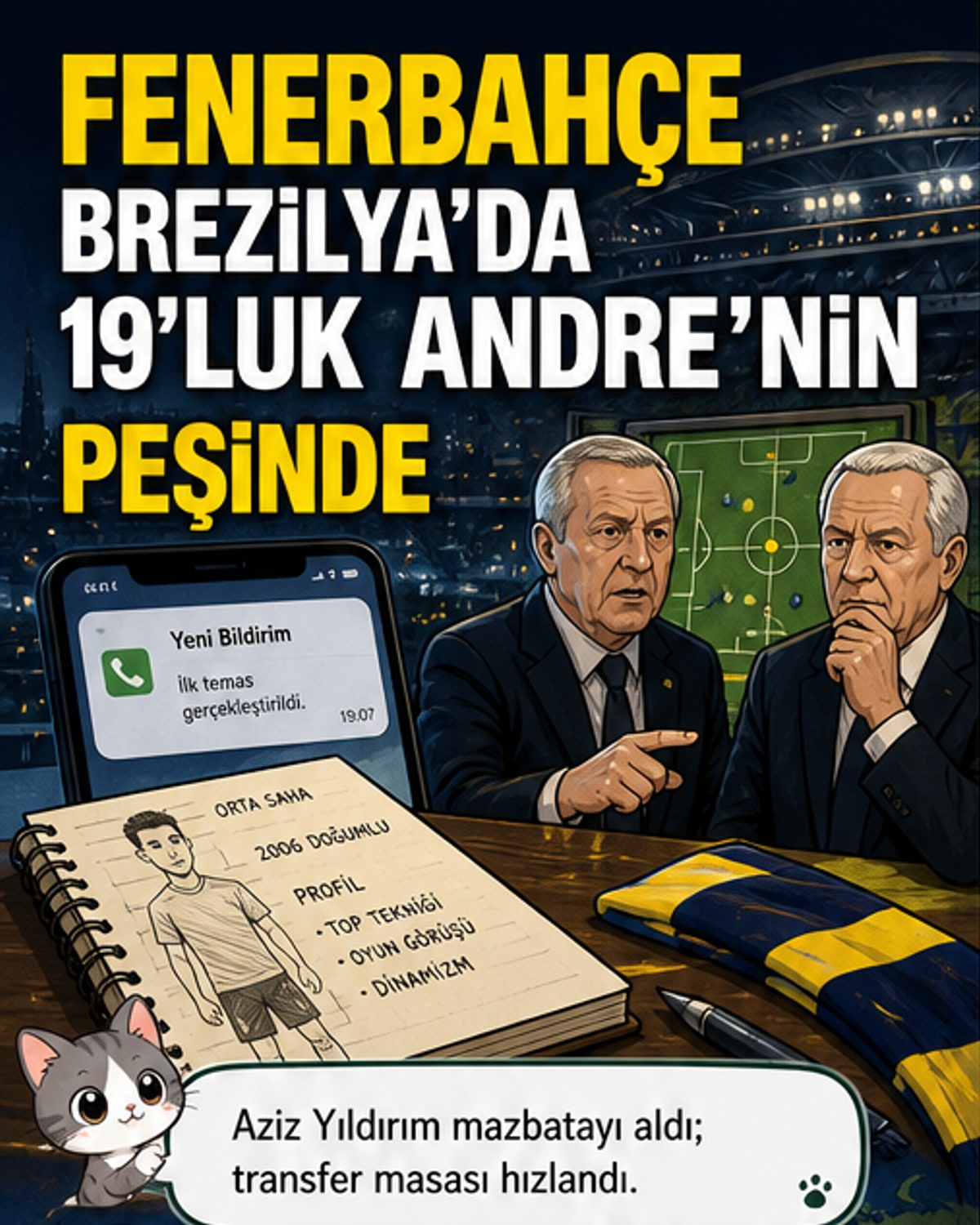 Fenerbahçe forması tutan bir taraftar, elinde 'Yeni Alex' yazılı bir pankartla statta coşku içinde.