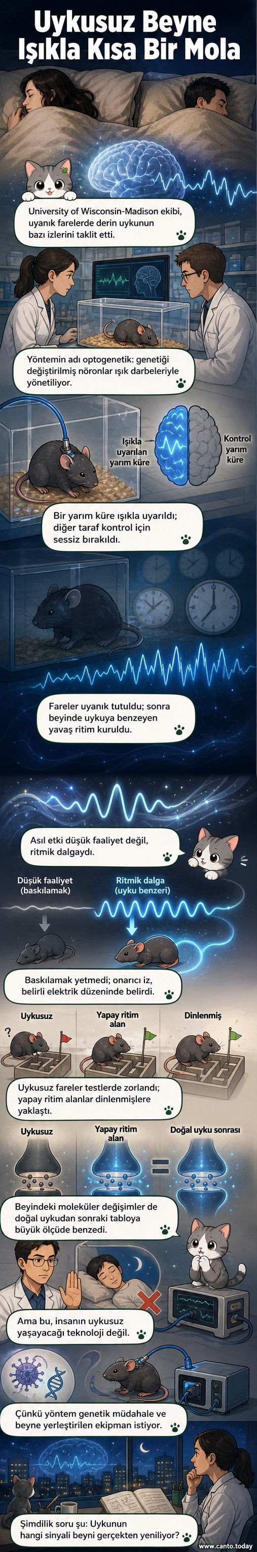 Bilim insanları, farelerin beyninde uyku ritimlerini taklit etmek için fiber optik kablolar kullanıyor. Sağ tarafta ışıkla uyarılan beyin bölgesi, uyumadan dinlenme etkisi yaşıyor.