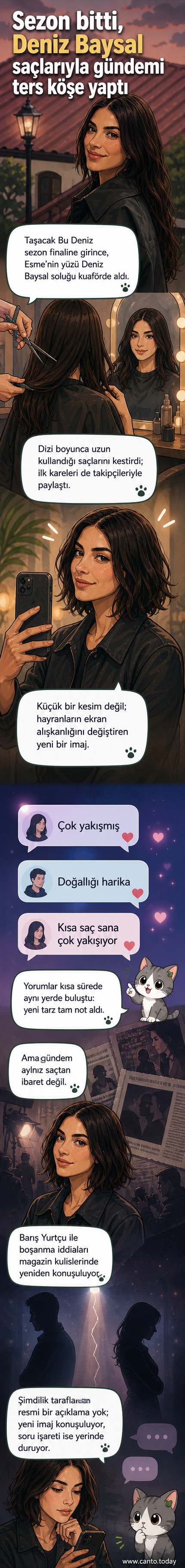 Deniz Baysal, kısa saçlı yeni imajıyla poz veriyor, arka planda dizinin sahne görüntüleri var.