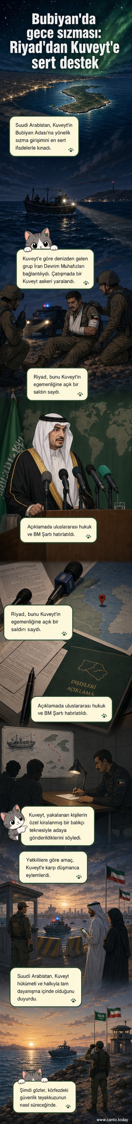 Bubiyan Adası yakınlarında deniz yoluyla bir sızma girişimi sonrası ortaya çıkan gerginliği yansıtan, Suudi Arabistan ve Kuveyt bayraklarının eşlik ettiği bir sahne. Arka planda bir askeri tekne ve güvenlik güçleri görülüyor.