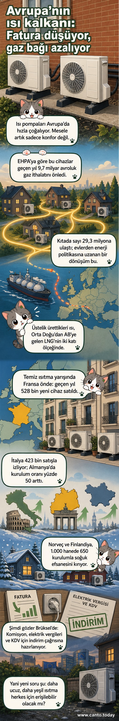 Avrupa haritası üzerinde ısı pompalarının yaygınlaştığı ülkeler vurgulanıyor, enerji faturalarındaki düşüş grafikle gösteriliyor.