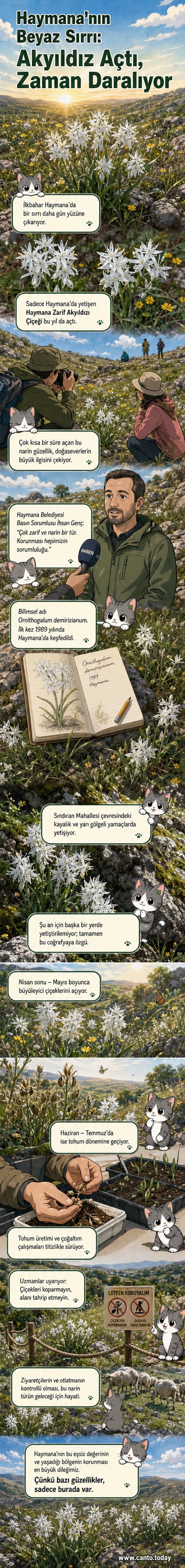 Haymana'nın kayalıklarında beyaz çiçeklerle kaplı bir yamaç, zarif yapılı küçük bitkilerin detayları vurgulanmış.