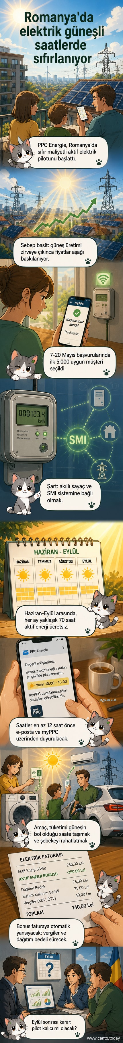 Romanya'da güneş enerjisi üretim zirvesi saatlerinde elektriğin ücretsiz olduğu yeni bir enerji modeli pilotu anlatılıyor. Grafikler ve akıllı sayaçlarla desteklenen bir sistem gösteriliyor.