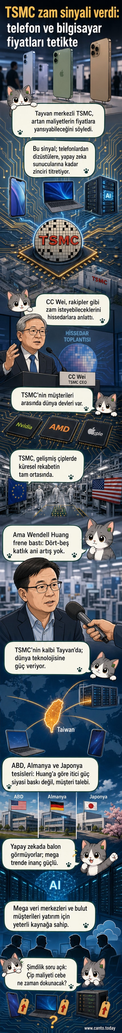TSMC logosu ve gelişmiş çip üretim tesisini gösteren bir illüstrasyon, arka planda akıllı telefon, dizüstü bilgisayar ve yapay zekâ veri merkezi simgeleriyle