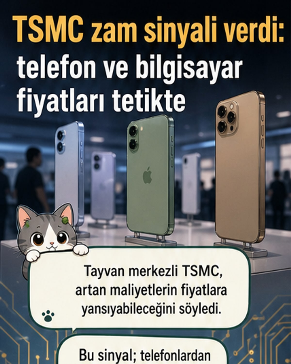 TSMC logosu ve gelişmiş çip üretim tesisini gösteren bir illüstrasyon, arka planda akıllı telefon, dizüstü bilgisayar ve yapay zekâ veri merkezi simgeleriyle
