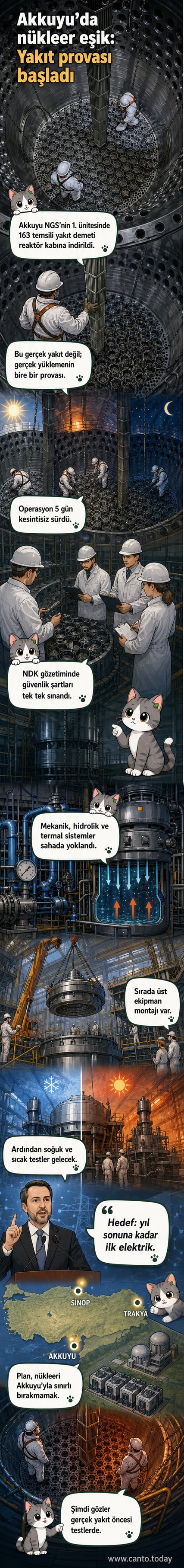 Akkuyu Nükleer Güç Santrali'nde çalışan mühendisler, reaktör basınç kabına temsili nükleer yakıt demetleri yüklüyor.