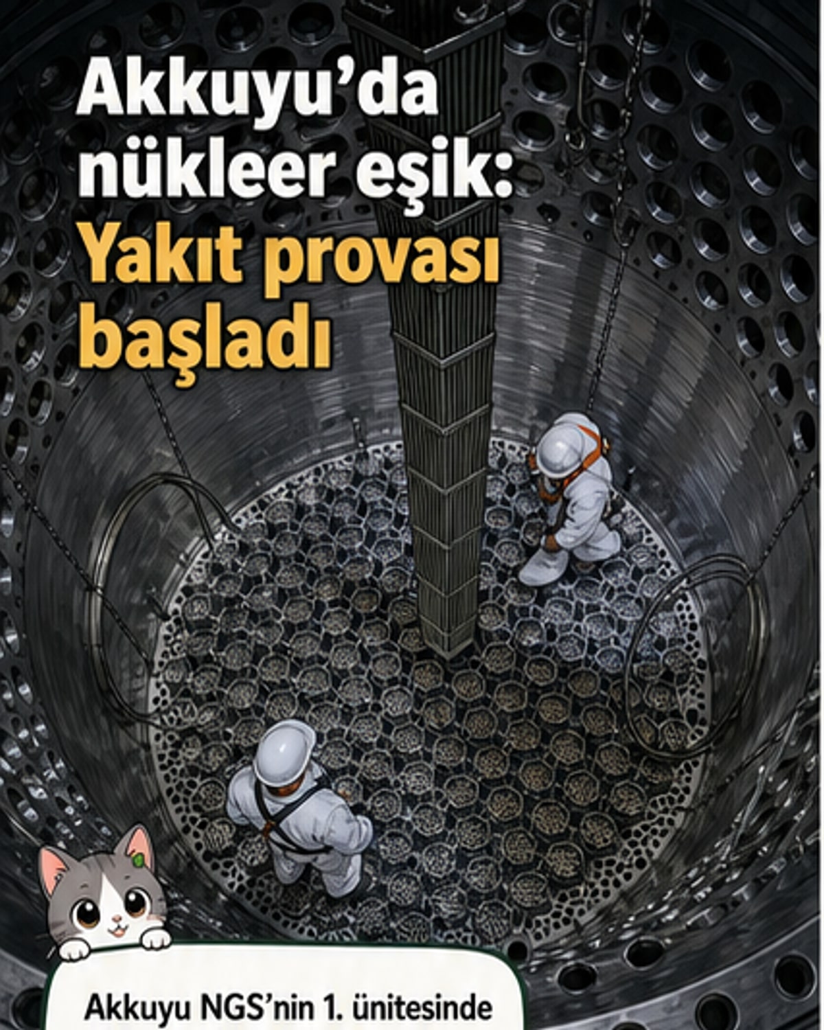 Akkuyu Nükleer Güç Santrali'nde çalışan mühendisler, reaktör basınç kabına temsili nükleer yakıt demetleri yüklüyor.