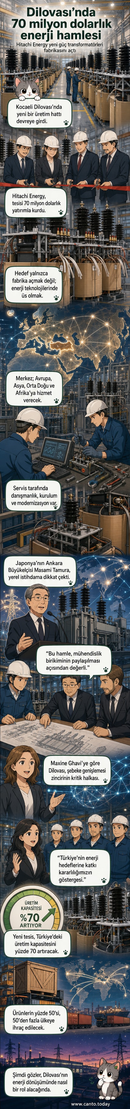 Hitachi Energy'nin Kocaeli Dilovası'ndaki yeni 70 milyon dolarlık güç transformatörleri fabrikasının açılış sahnesi, yüksek teknoloji üretim hatları ve uluslararası ekipman ihracatı vurgusuyla betimleniyor.