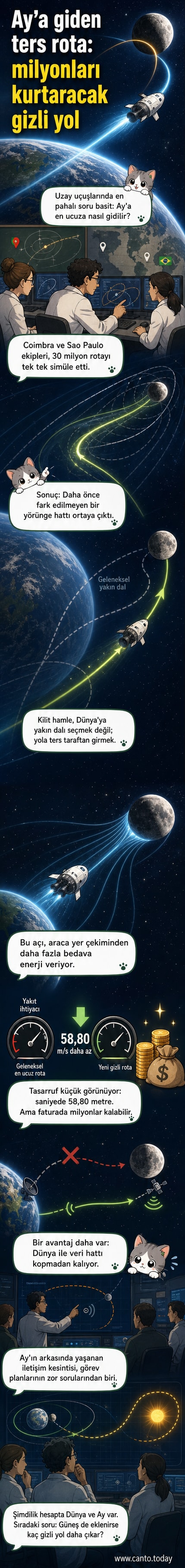Bir uzay aracı, Dünya ve Ay arasındaki yeni, enerji verimli bir yörünge boyunca ilerlerken, arka planda yıldızlar ve gezegenler görülüyor.