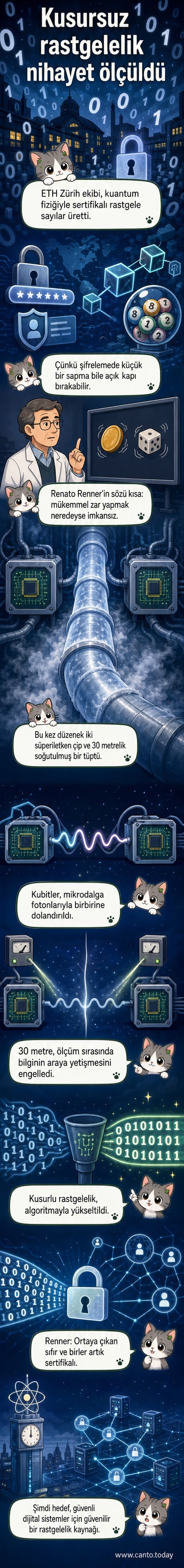 İki soğutulmuş kuantum çipi, 30 metre uzunluğunda bir soğutulmuş tüple birbirine bağlı; aralarında kuantum dolanıklığı simgesi görülüyor.