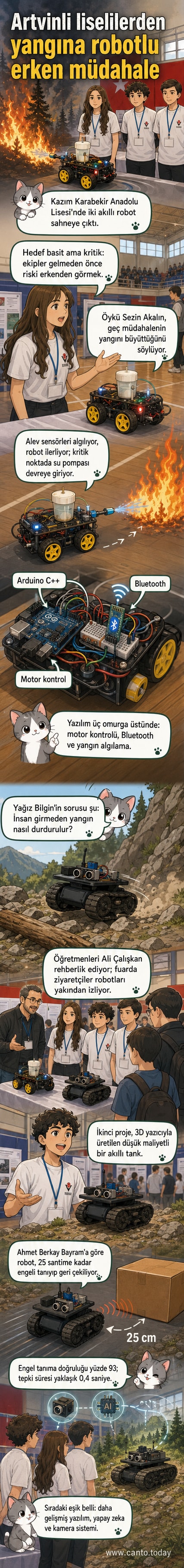 Lise öğrencileri, orman yangınlarına müdahale edecek akıllı robotlarını sergiliyor. Robotlar, alev sensörleri ve su pompalarıyla yangınları erken tespit edip söndürmeyi hedefliyor.