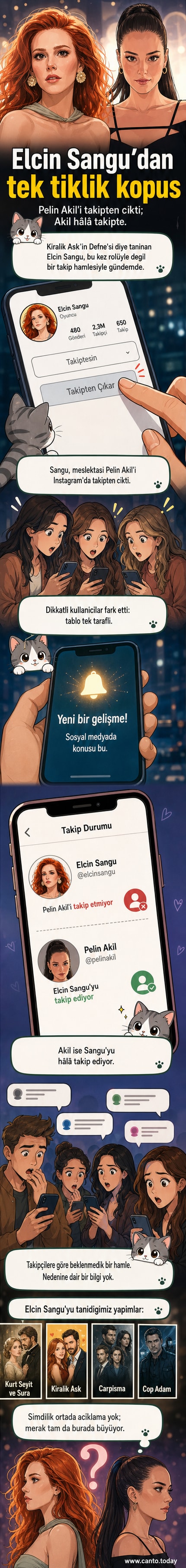 Elçin Sangu ve Pelin Akil'in sosyal medya profilleri yan yana, birinin diğerini takip etmediğini gösteren ekran görüntüsüne benzer stilize sahne