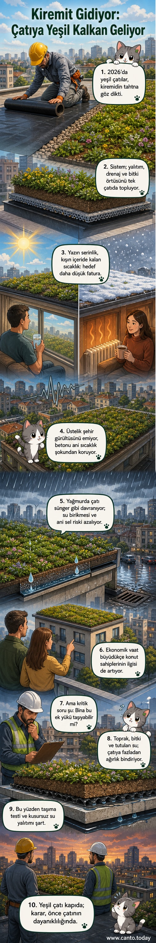 Bitki örtülü bir çatı üzerinde güneşli bir günde yeşilliklerin arasında bir evin üst kısmını gösteren illüstrasyon