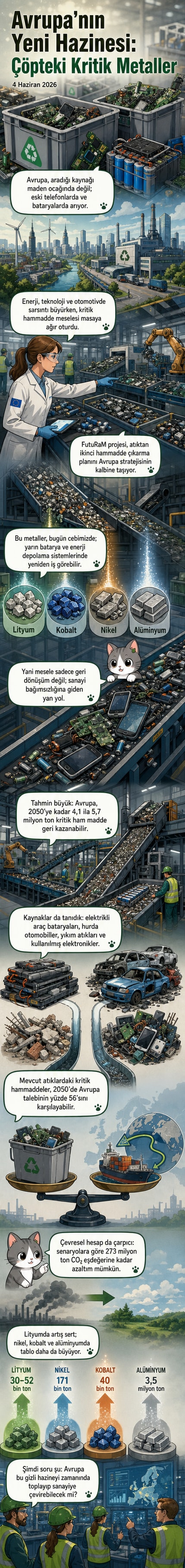 Bir hurdacı, elektrikli araç pillerini ayrıştırırken, arka planda Avrupa haritası ve geri dönüşüm tesisleri görülüyor.