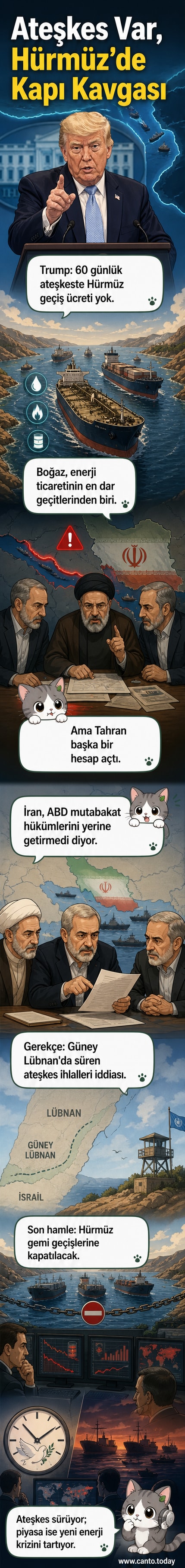 Hürmüz Boğazı üzerinde gerilim artıyor. Harita üzerinde boğazın konumu ve gemilerin geçişiyle birlikte siyasi gerilim görselleştirilmiştir.